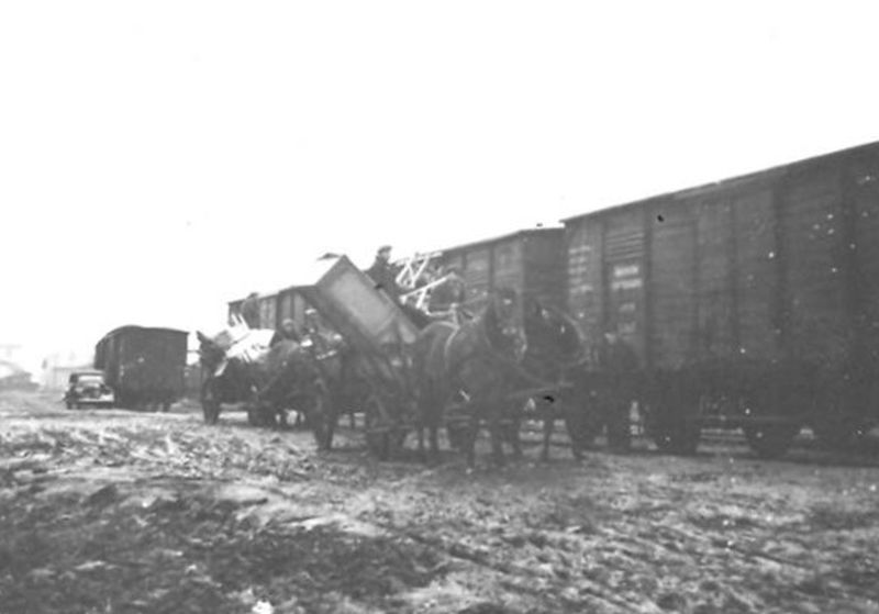 Loading furniture into freight wagons straight from horse-drawn ladder carts. The train is standing on a railway siding.
