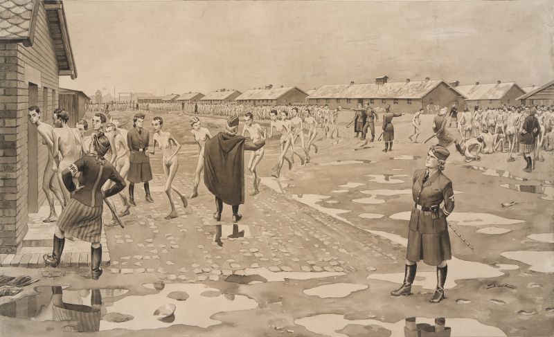 Scenery in front of the barracks. Puddles and mud on the ground. SS man and women supervisors are carrying out selection. Looking at naked women, SS man is directing them with his hand where they should go. Birkenau barracks in the background.