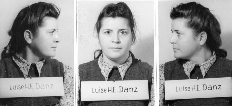 Luise Danz in a photograph from her trial taken in three positions: from the side, front-facing and at an angle. Dressed in a floral blouse and a dark vest, with a plate on her chest containing her first and last name, hair pinned back.