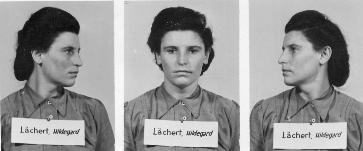 Hildegard Lächert in a photograph from her trial taken in three positions: from the side, front-facing and at an angle. Dressed in a blouse, with a plate on her chest containing her first and last name, hair pinned back.