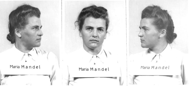 Maria Mandel in a photograph from her trial taken in three positions: from the side, front-facing and at an angle. Dressed in a white blouse, with a plate on her chest containing her first and last name, hair pinned back.