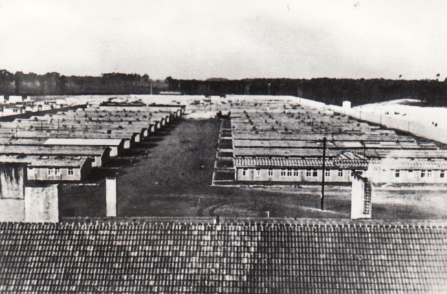 Buildings of the Ravensbrück women's camp – a bird’s eye view – rows of prisoner blocks.