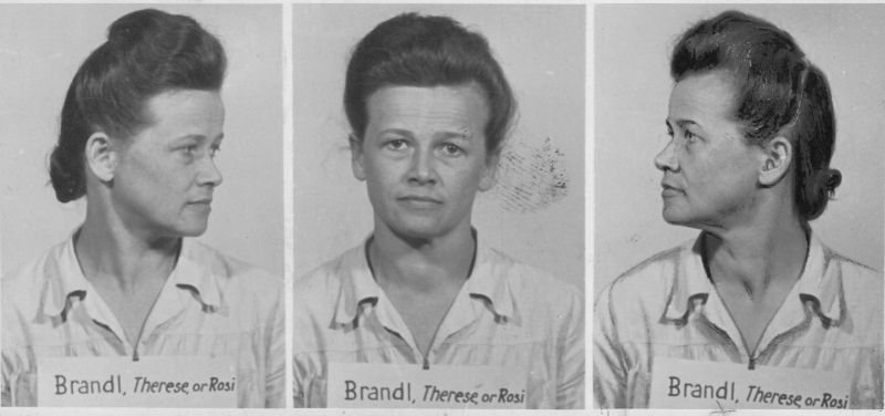 Therese Brandl in a photograph from her trial taken in three positions: from the side, front-facing and at an angle. Dressed in a white blouse, with a plate on her chest containing her first and last name, hair pinned back.