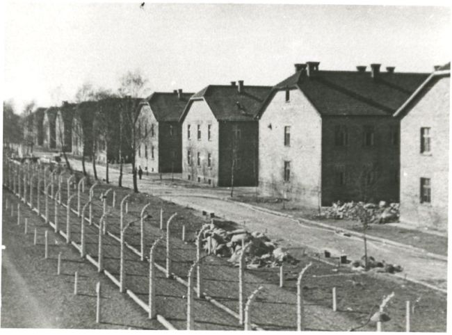 Buildings in Auschwitz concentration camp – in the foreground, a double barbed wire fence stretched on concrete pillars.