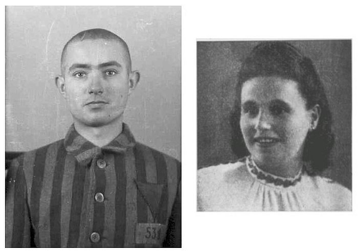 Edward Galiński ubrany w pasiasty uniform więźniarski z numerem obozowym 531 – w pozie na wprost.
Uśmiechnięta Mala Zimetbaum ubrana w białą bluzkę.