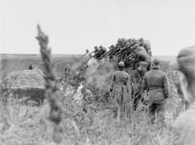 Egzekucja. Żołnierze niemieccy stojący na krawędzi dołu, z karabinami wymierzonymi do dołu wykopanego w ziemi, w dole widoczni zza wysokich traw ludzie.