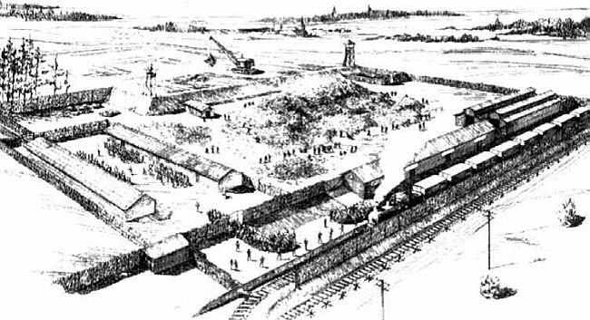 Naszkicowany plan obozu w Treblince: tory kolejowe, na torach stojący pociąg. Teren obozu ogrodzony, na rogu wieża wartownicza, w środku dwa długie baraki. 