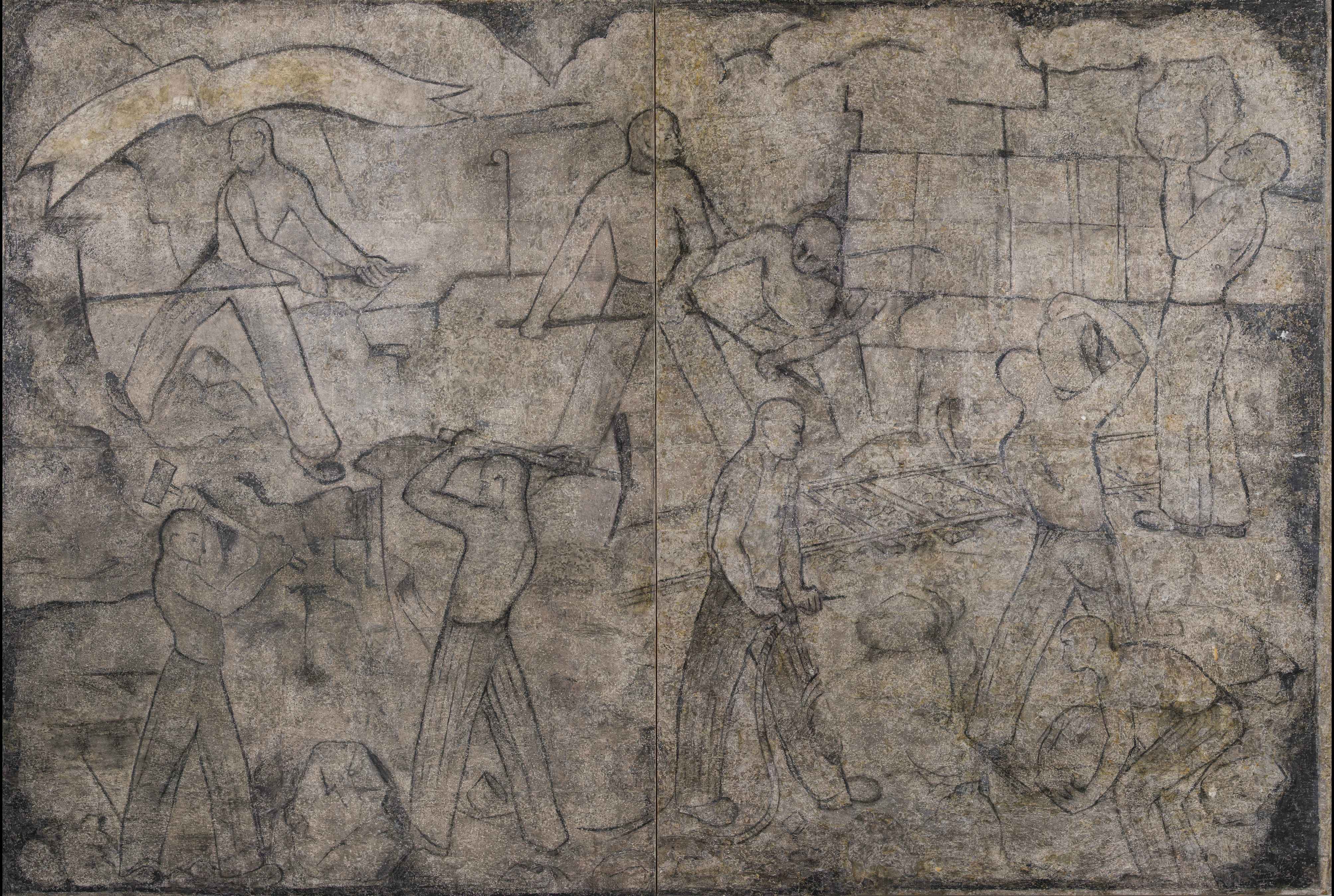 Plaster painting. A group of prisoners working at quarrying and moving large blocks of stone. They work with pickaxes and hammers in their hands. Dressed only in striped trousers. One of the prisoners places a stone on the wall laid behind.