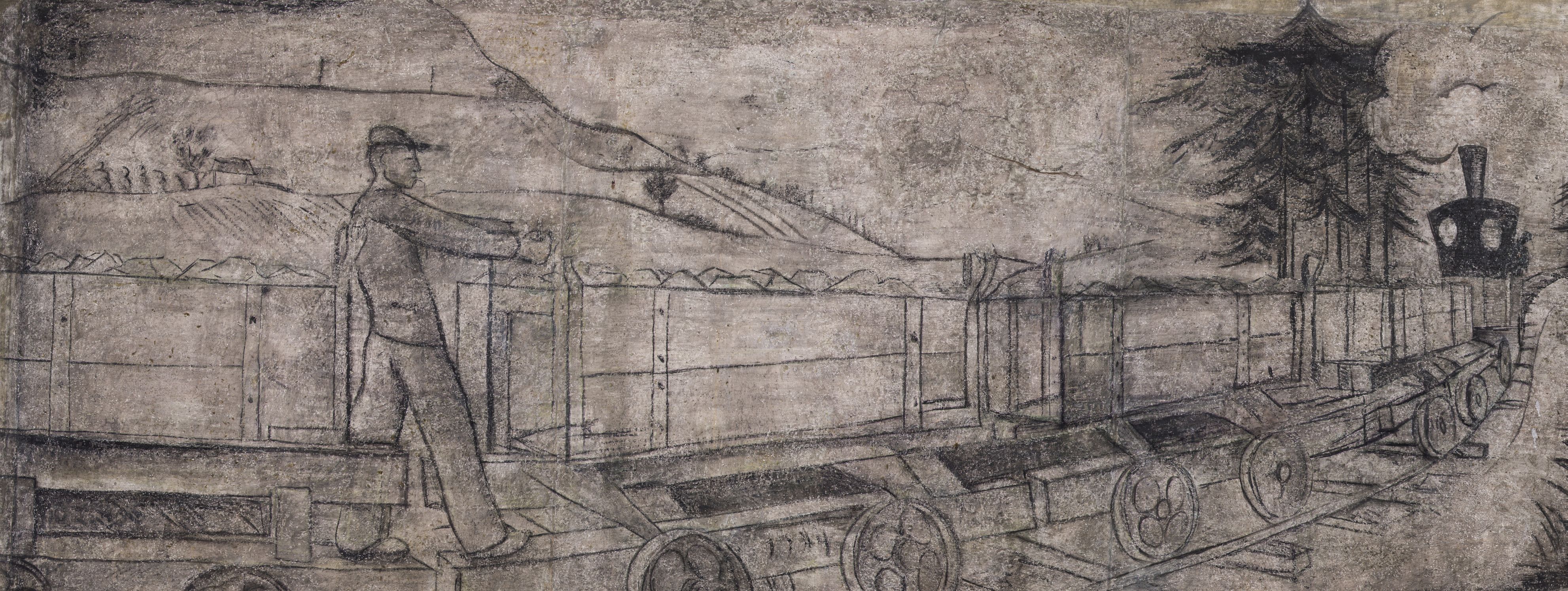 Plaster painting. Railway with carriages loaded with stone. In the foreground, a prisoner is working at loading. In the background a hill and tall trees.