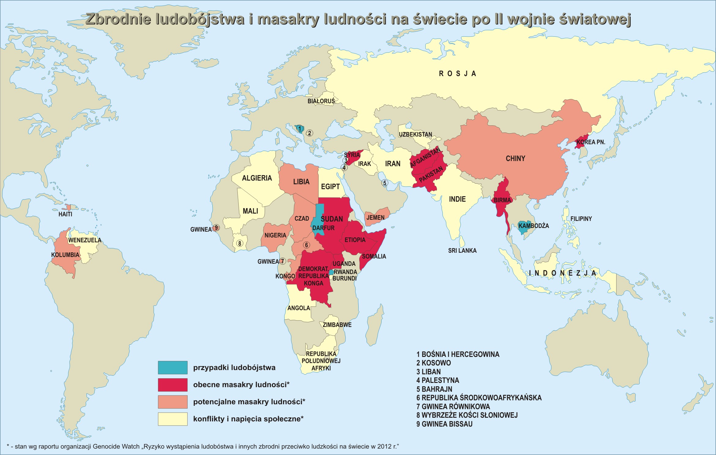 Mapa ilustruje kraje, w których wydarzyły się ludobójstwa (Rwanda, Birma, Kambodża czy Bośnia) oraz liczne kraje afrykańskie, gdzie dokonały się masakry ludności. 