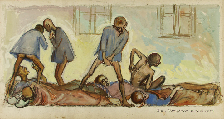 A prisoners' quarters with prisoners lying on the floor, four of them attempting to walk over the others lying down.