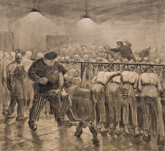 A row of prisoners bent over washbasins, trying to wash themselves. A kapo of significant stature is standing next to them with a stick.