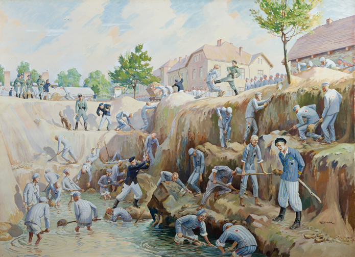 A huge hole in the ground, with prisoners working on three levels. The lowest level is a pit filled with water. Prisoners are digging in the ground with shovels. One of the kapos is beating a prisoner who is struggling in the water. An SS man towering over the group, another pushing the prisoner down into the pit with a kick.