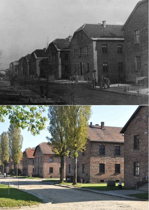 Comparison of two photographs: an archived and a present day images of a camp alley.