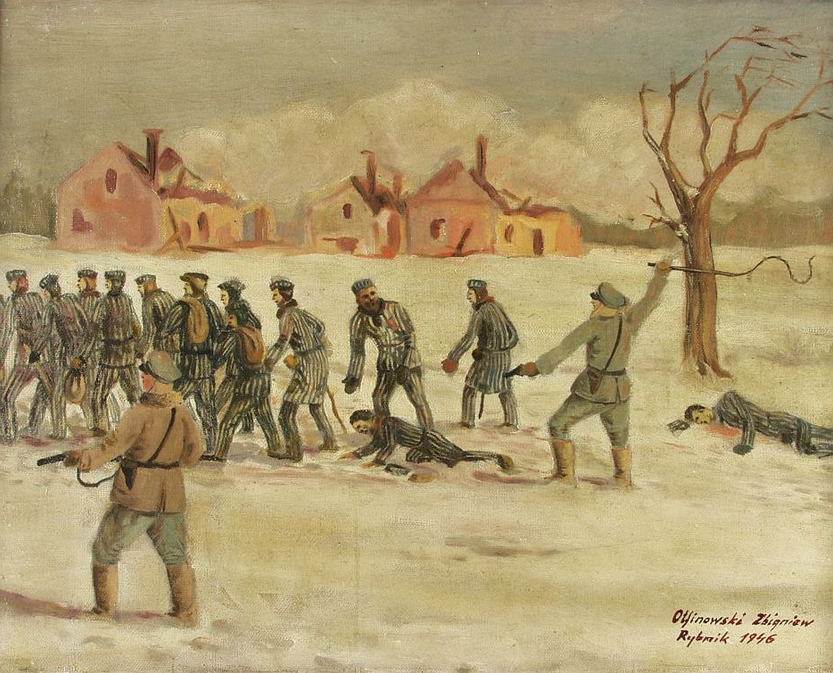 Prisoners in striped uniforms during their evacuation march from the camp. In the foreground, SS men, one with rifle in hand, the other brandishing a whip over his head and beating a prisoner who has fallen right in front of him. Behind him a prisoner in a pool of blood, presumably dead. Winter, snow, houses and a leafless tree in the background.