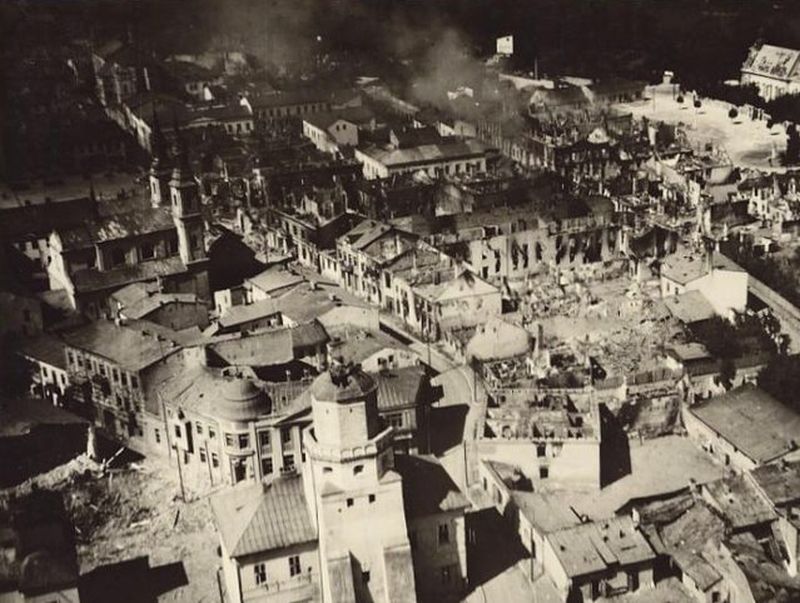 Ruins of a bombed city. Photograph taken from above.