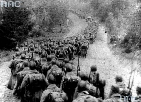 A column of Soviet troops advancing on foot.
