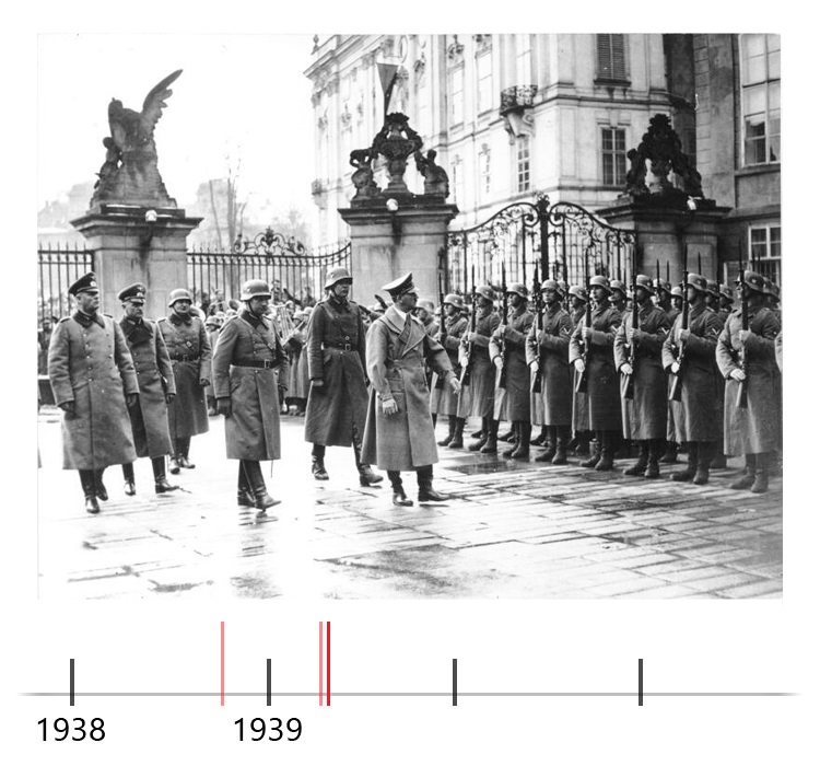 German soldiers standing to attention on the right. On the left Adolf Hitler walking along with several soldiers.