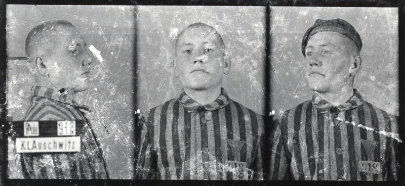 Registration photograph of a prisoner dressed in striped prisoner uniform in three poses: sideways, straight ahead and obliquely. In the last photograph the prisoner is wearing a camp cap on his head.