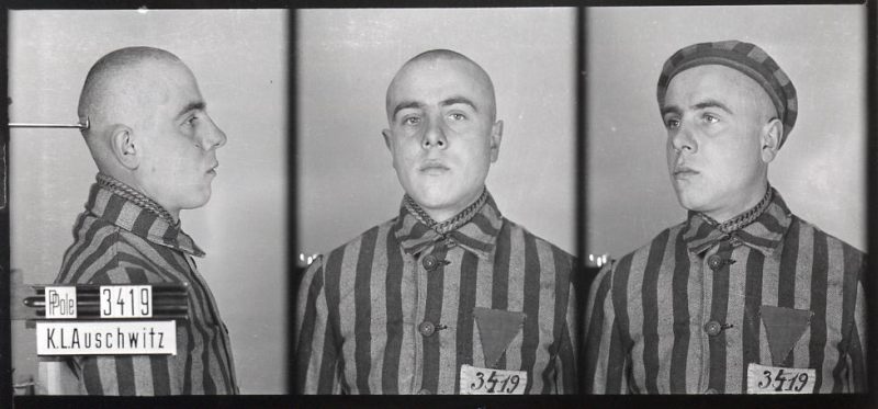 Registration photograph of a prisoner dressed in striped prisoner uniform in three poses: sideways, straight ahead and obliquely. In the last photograph the prisoner is wearing a camp cap on his head.