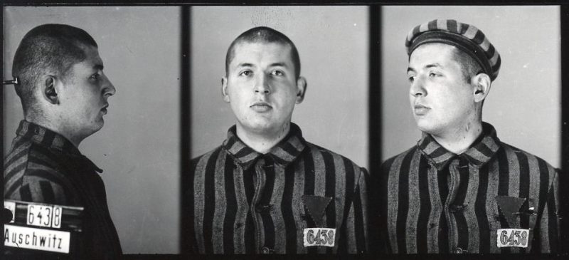 Registration photograph of a prisoner dressed in striped prisoner uniform in three poses: sideways, straight ahead and obliquely. In the last photograph the prisoner is wearing a camp cap on his head.