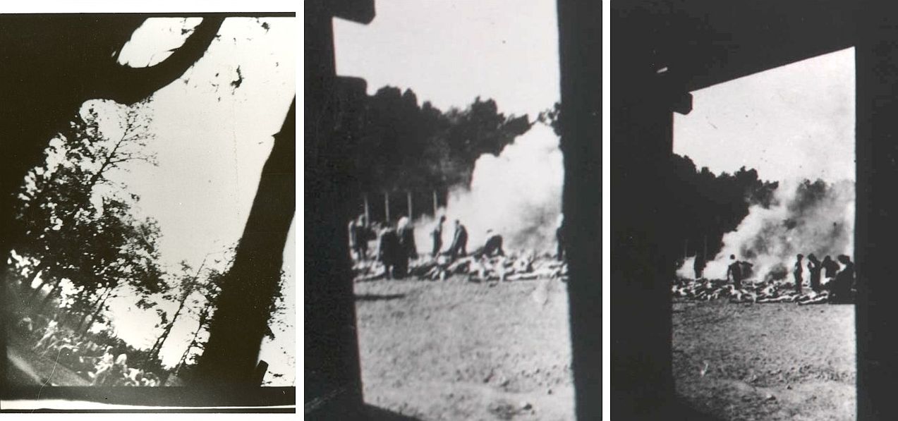 Photographs taken illegally by members of the Sonderkommando in 1944, showing naked women being herded by SS men to the crematoria and the burning of the bodies of those murdered in the gas chambers.