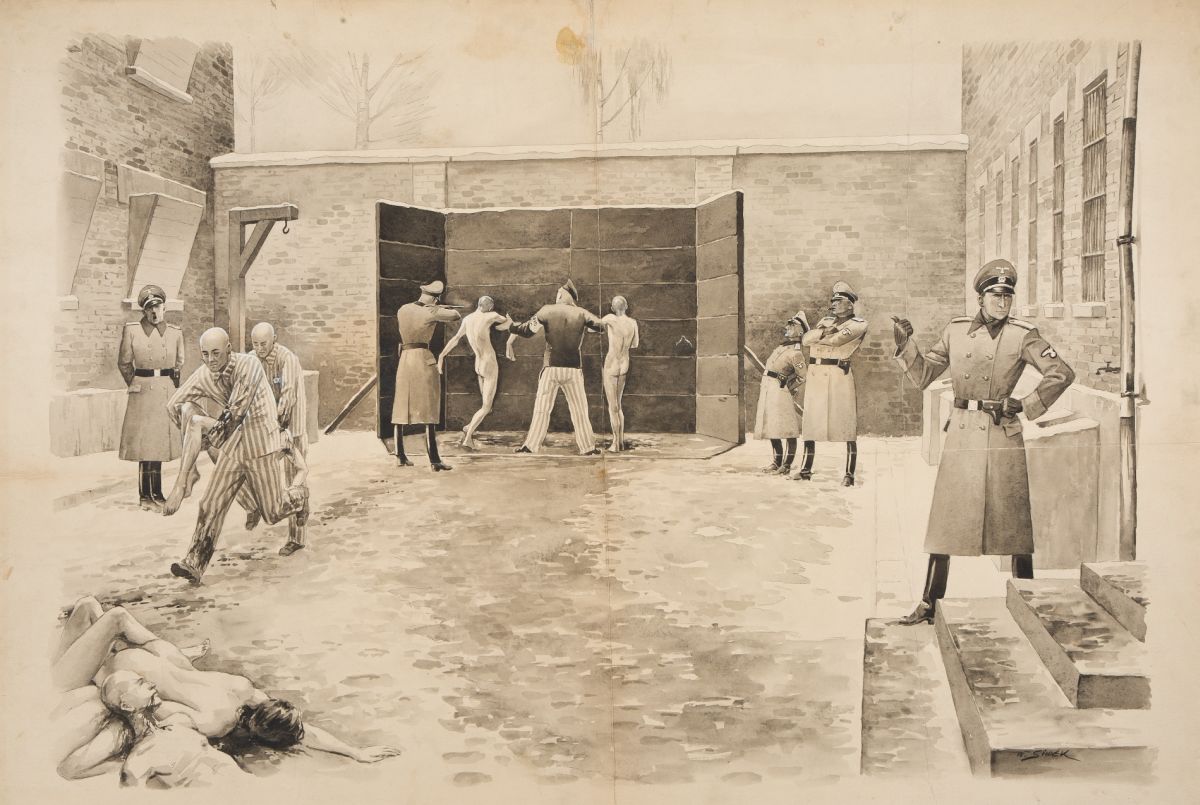 In the center there is a wall in front of which stand two naked prisoners, held down by force by a much more powerful prisoner. Just behind them there is an SS man with a gun pointed at them. On the ground to the left the corpses of the slain prisoners are lying on the ground, to the right the SS man is standing and shaking ash from his cigarette. The other two in the background are watching the murder scene.