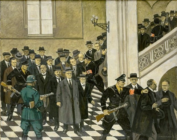 Interior of the lobby of the Jagiellonian University. Men in coats, suits and hats on their heads are being led out by force by armed German soldiers.