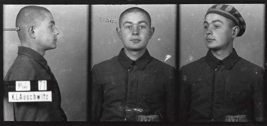 Registration photograph of a prisoner dressed in striped uniform in three poses: sideways, straight ahead and obliquely. In the last photograph the prisoner is wearing a camp cap on his head.