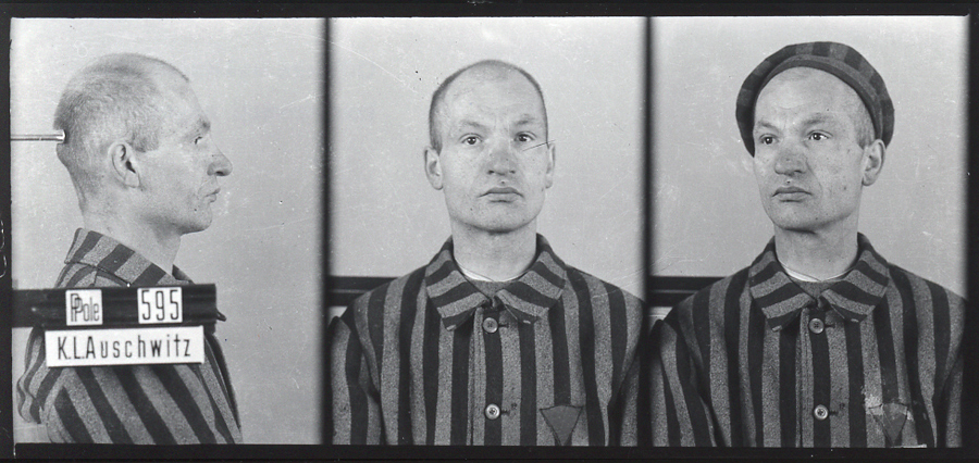 Registration photograph of a prisoner dressed in striped uniform in three poses: sideways, straight ahead and obliquely. In the last photograph the prisoner is wearing a camp cap on his head.