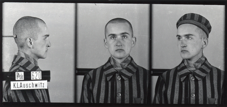 Registration photograph of a prisoner dressed in striped uniform in three poses: sideways, straight ahead and obliquely. In the last photograph the prisoner is wearing a camp cap on his head.