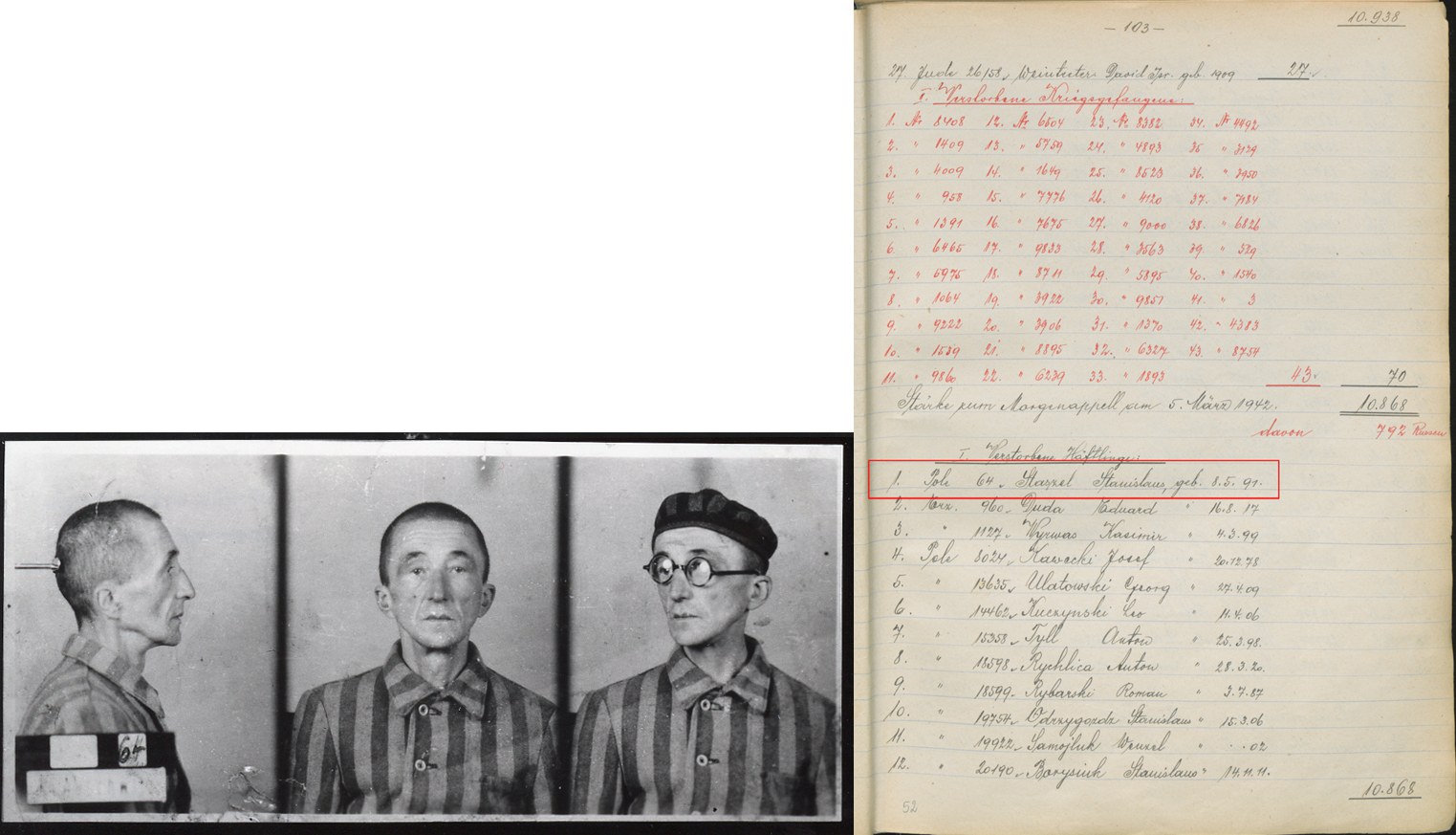 Registration photograph of a prisoner dressed in striped uniform in three poses: sideways, straight ahead and obliquely. In the last photograph the prisoner is wearing a camp cap on his head.