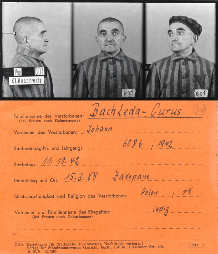 Registration photograph of a prisoner dressed in striped uniform in three poses: sideways, straight ahead and obliquely. In the last photograph the prisoner is wearing a camp cap on his head.