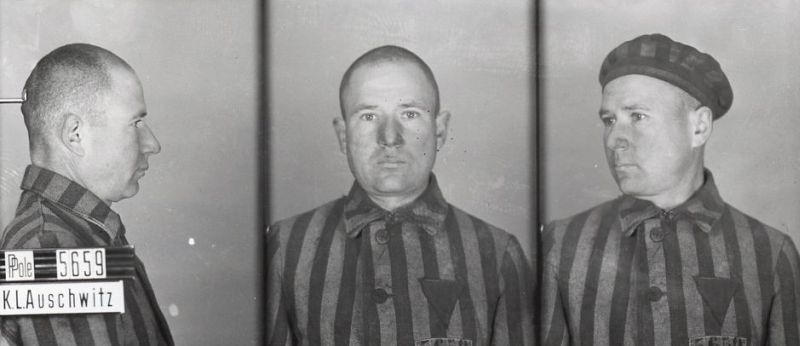 Franciszek Gajowniczek in a camp photograph taken in three poses: from the side, front-facing and at an angle. Dressed in a striped prison uniform.