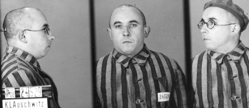 Father Piotr Edward Dańkowski in a camp photograph taken in three poses: from the side, front-facing and at an angle. Dressed in a striped prison uniform.