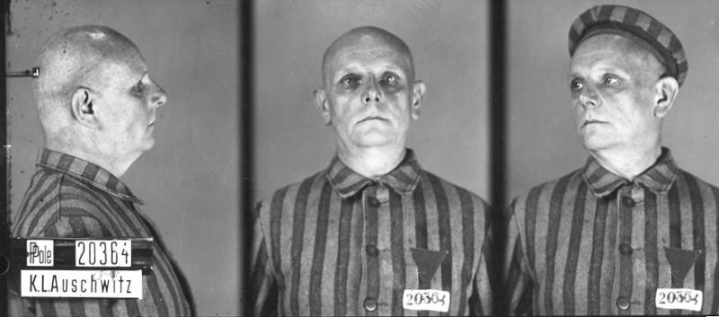 Brother Feliks Symforian Ducki in a camp photograph taken in three poses: from the side, front-facing and at an angle. Dressed in a striped prison uniform.