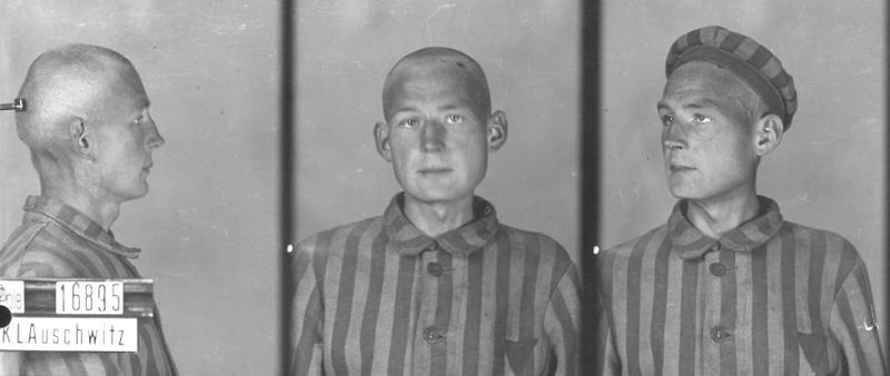 Father Józef Jankowski in a camp photograph taken in three poses: from the side, front-facing and at an angle. Dressed in a striped prison uniform.