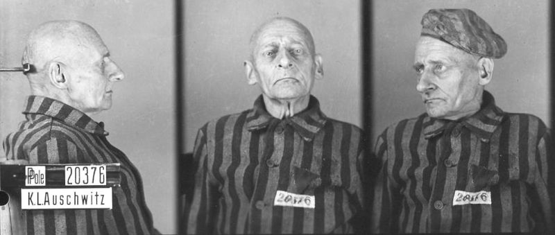 Father Wojciech Anicet Kopliński in a camp photograph taken in three poses: from the side, front-facing and at an angle. Dressed in a striped prison uniform.