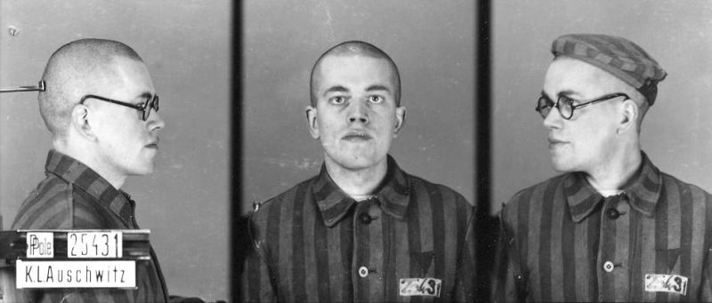 Brother Stanisław Tymoteusz Trojanowski in a camp photograph taken in three poses: from the side, front-facing and at an angle. Dressed in a striped prison uniform.