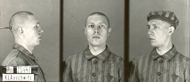 Brother Piotr Bonifacy Żukowski in a camp photograph taken in three poses: from the side, front-facing and at an angle. Dressed in a striped prison uniform.