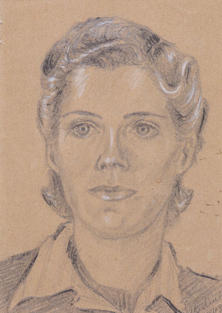 Crayon drawing. Young women. Long face, bright eyes, slightly tightened lips. Loose, fair hair combed back. Serious, focused expression, face and eyes directed to the left.