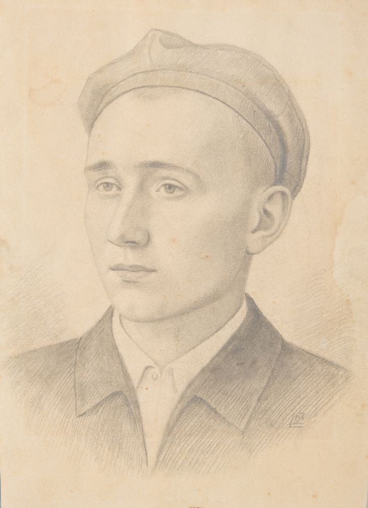 Pencil drawing, delicate line. Middle-aged man. He is wearing a buttoned-up shirt and a jacket. Serious, sad, long face. Hair hidden under a cap – beret. Eyesight and head directed slightly to the left. Slightly concerned and thoughtful face.