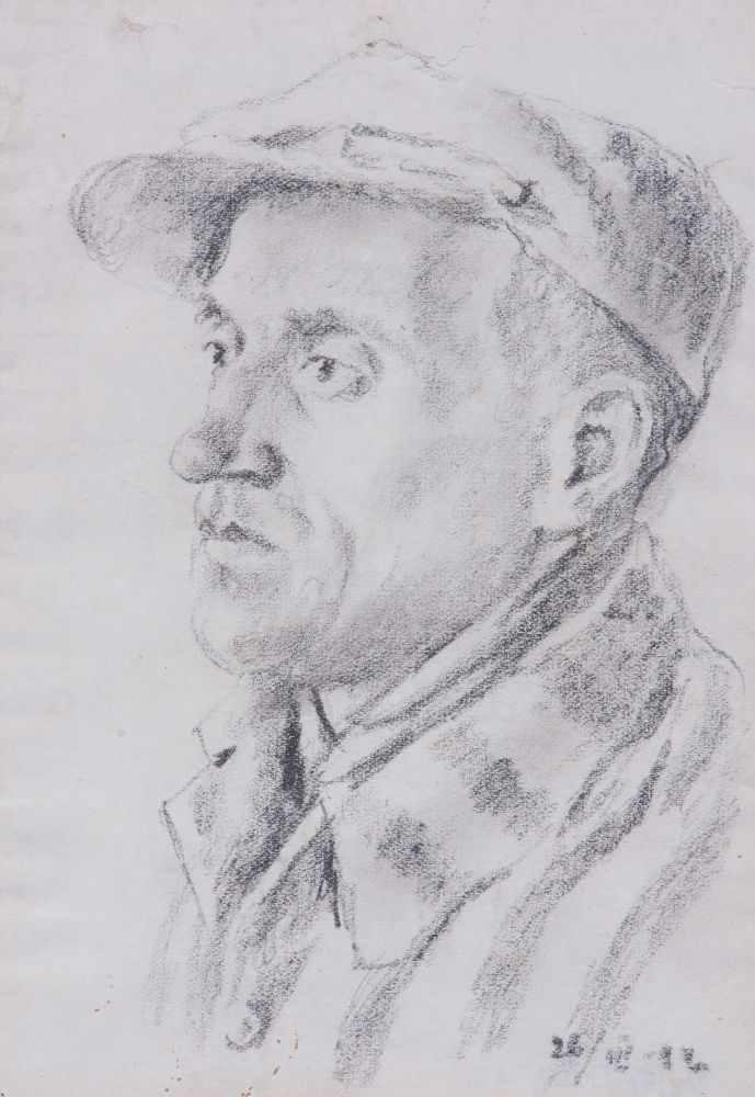 Pencil drawing, delicate line. Middle-aged man. Dressed in a buttoned-up shirt and a striped jacket. Serious, sad, long face. A flat cap on his head. Eyesight and head directed firmly to the left. Serious and thoughtful face.