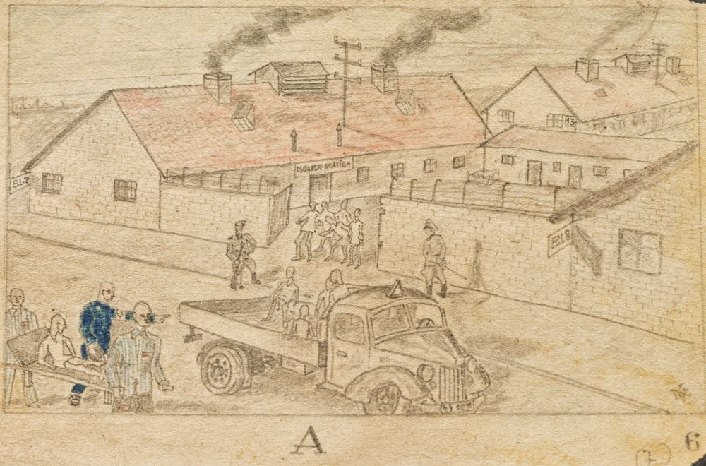 A primitive pencil drawing. Genre scene. Birkenau. Two barracks - one of them has the inscription: 