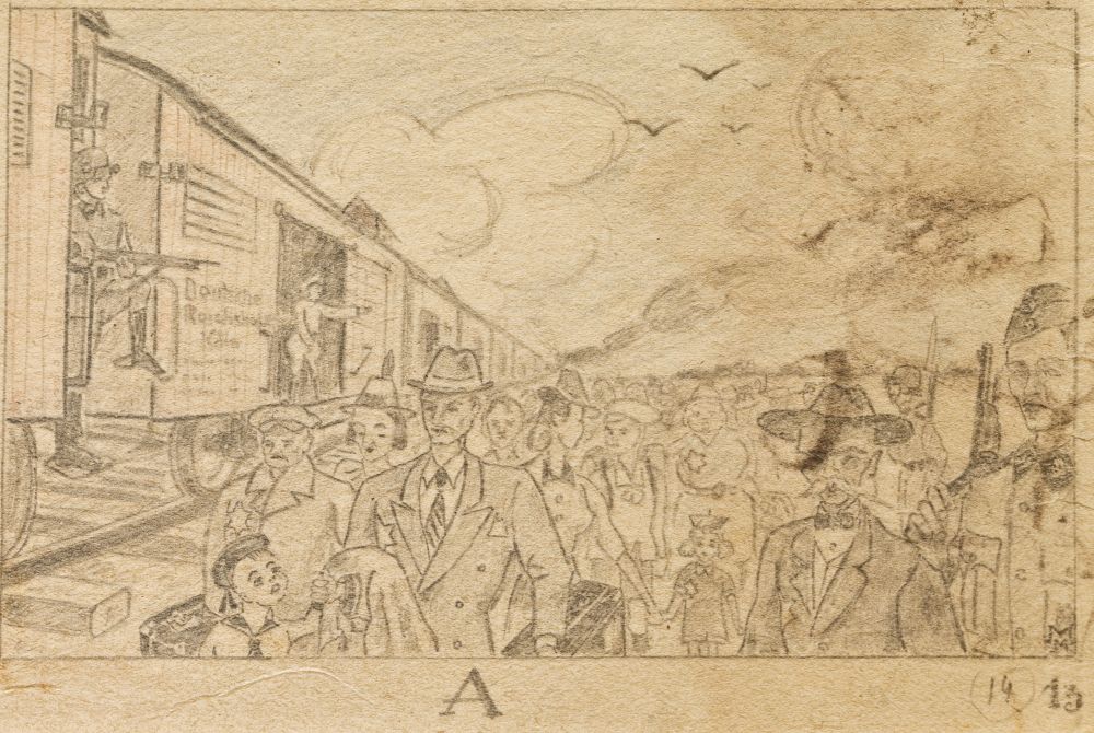 Primitive pencil drawing. Genre scene. Freight train on the left. SS men standing in the doorway, pointing at something with their hands. A group of people on the right, on the ground nearby. They got off the train. There are women with children and elegantly dressed men among them. SS man is standing on the right, guarding them. In the background, the horizon, clouds, flying birds.