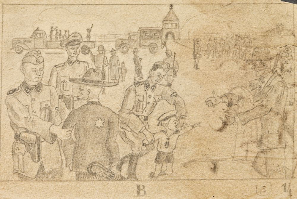 Primitive pencil drawing. Genre scene. SS men separating families: SS man is holding a boy in a sailor's suit. A man in a hat with a coat hanging over his hand is stretching out his hands to him. The boy is breaking away from the SS man and wants to return to his father. On the left, another SS man holding an elderly man's hand. In the background, a group of people walking towards the Gate of Death in Birkenau. The gate is unfinished - it only has the left part. Barbed wires nearby. On the left,