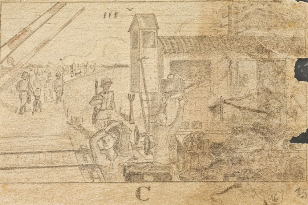 Primitive pencil drawing. Genre scene. After the transport of deported people arrives, the prisoners are carrying their luggage to the camp. SS man is guarding them. In the distance, SS men escorting a group of people towards the Birkenau camp. Most likely they will all die in the gas chamber. Birds are sitting on wires just above the train.