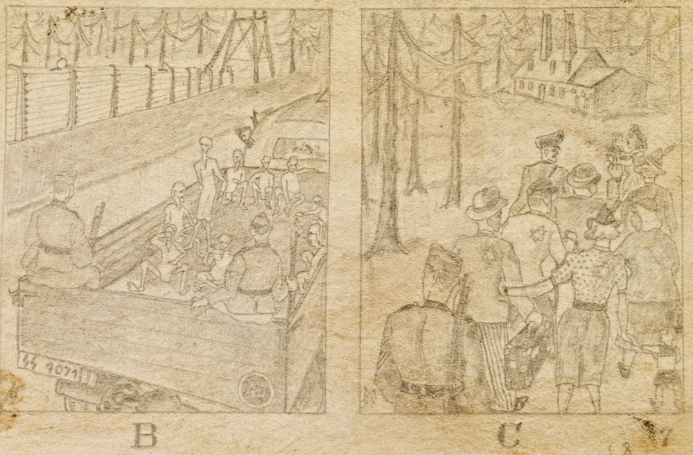 Two primitive pencil drawings. Genre scene. Birkenau. The drawing on the left shows a fragment of a truck - emaciated prisoners are lying, sitting or standing on the crate. They are guarded by two SS men with rifles. In the background, on the left, a fragment of the camp fence, a guard tower, and tall trees in the distance. On the right, a drawing from Birkenau. A crowd of women and men in civilian clothes with Stars of David sewn on. They are led by two SS men - one at the front, the other at t