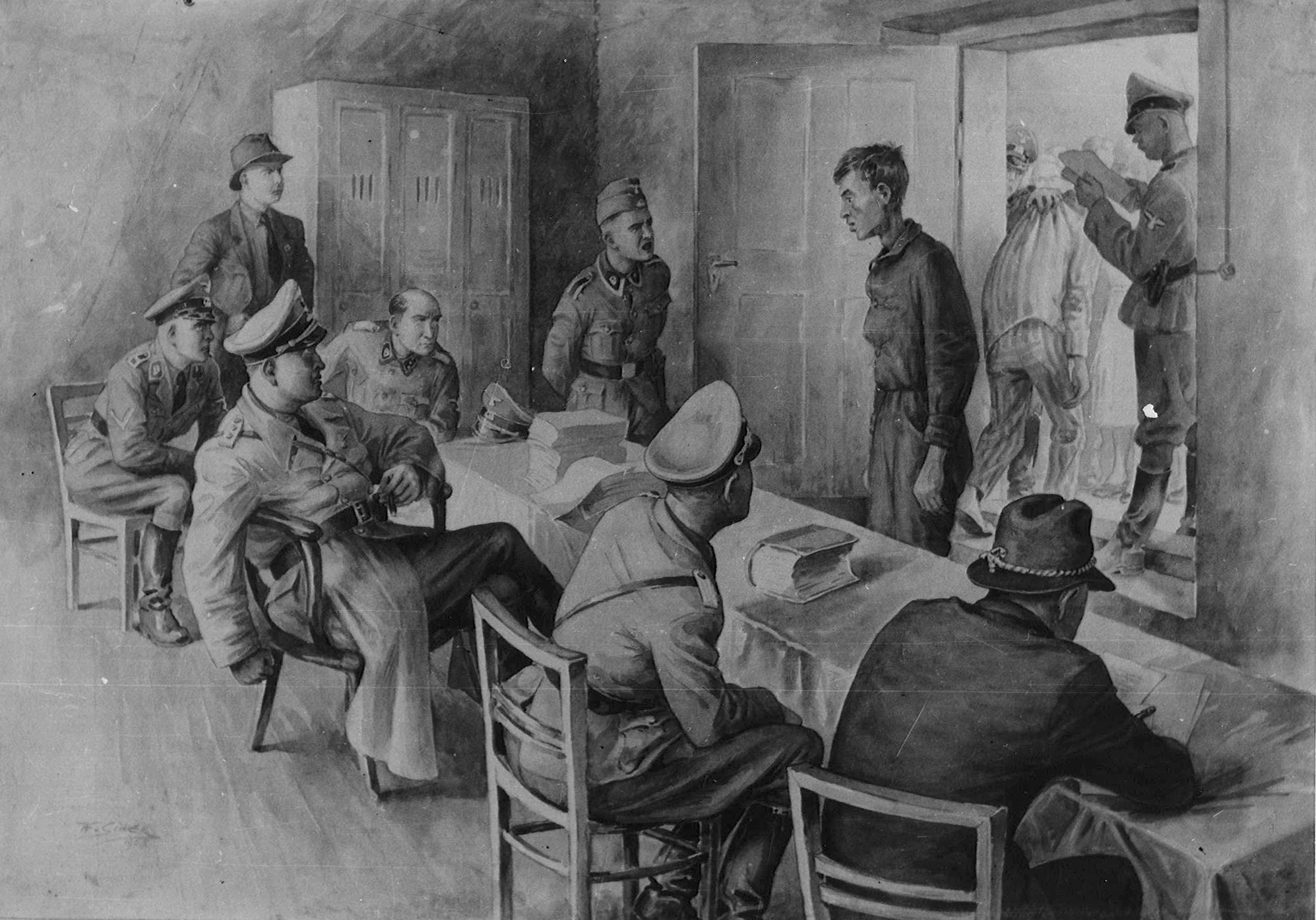 Drawing depicting a summary court scene. SS men are seated behind a long table, on the left an SS man is standing and saying something to a young boy facing the table. A prisoner who has just been judged is led out of the room by another SS man.