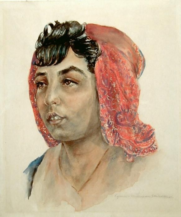 Faithful depiction of a female Roma camp prisoner in watercolour technique. Woman wearing a colourful patterned headscarf, with dark fringe. Dark eyebrows and eyes.